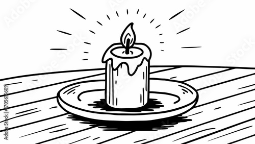Illustration of a candle with a flame on a plate sitting on a wooden surface with light rays around it created with generated ai