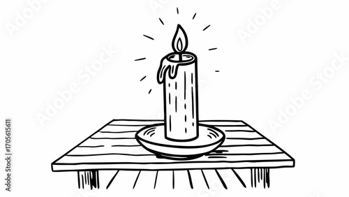 Illustration of a lit candle with dripping wax on a plate atop a wooden table surface in black and white created with generated ai