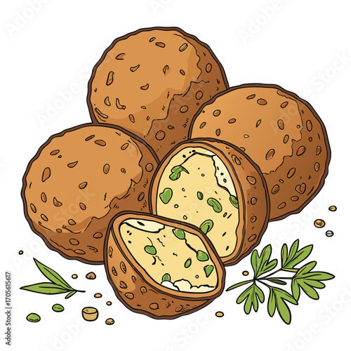 Illustration of Five Falafel Balls with Parsley and Spices on White Background Keywords: falafel, food