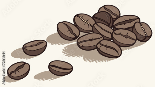 Illustration of a pile of coffee beans with shadows on a light cream colored background surface created with generated ai