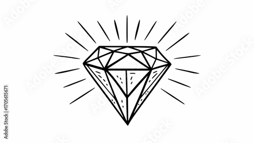 Illustration of a shining diamond with detailed facets and radiating lines on a white background art created with generated ai
