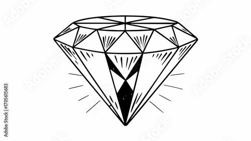 Illustration of a diamond with multiple facets and radiating lines in black and white style design created with generated ai