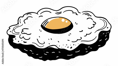 Illustration of a cartoon style fried egg with a bright yellow yolk and a wavy white border design created with generated ai