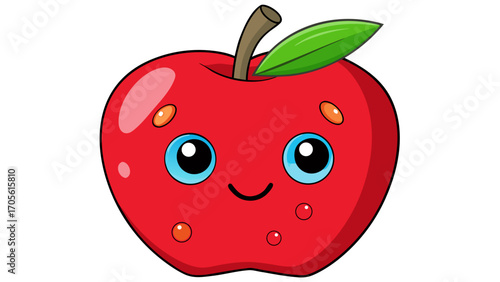 Cartoon style red apple with a stem and leaf having a cute face with blue eyes and a smiling mouth created with generated ai