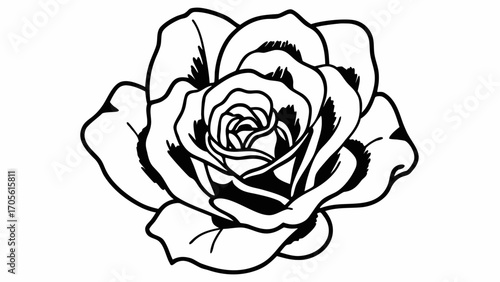 Detailed monochrome line art illustration of a rose flower with many petals and a visible stem created with generated ai
