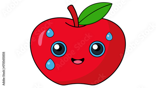 Illustration of a cartoon red apple with a green leaf stem and cute facial expression with water drops created with generated ai