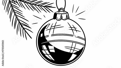 Christmas ornament hanging from a pine branch with light reflecting off of the shiny surface of the ball created with generated ai