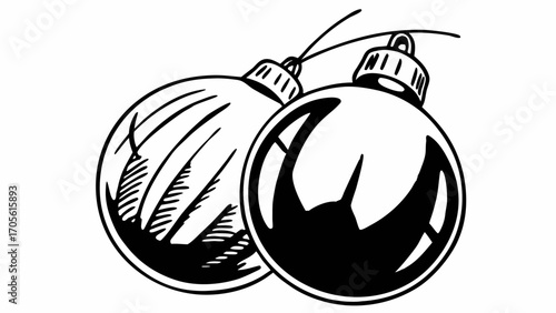 Illustration of two christmas ornaments with detailed line work and contrasting shading effects shown here created with generated ai