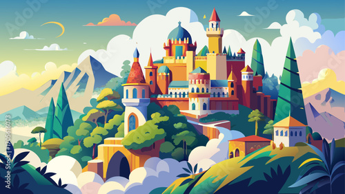 In Sintra, Portugal, colorful Pena Palace crowns misty forested hills, blending Romantic architecture with a dreamlike fairy-tale aura against rolling Atlantic clouds.