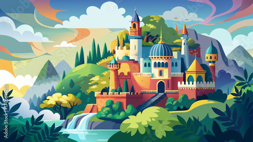 In Sintra, Portugal, colorful Pena Palace crowns misty forested hills, blending Romantic architecture with a dreamlike fairy-tale aura against rolling Atlantic clouds.
