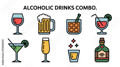 Collection of Various Alcoholic Beverage Illustrations and Drink Icons for Beverage Related Designs