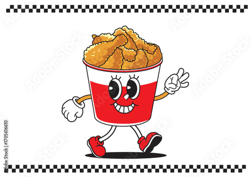 Joyful fried chicken bucket cartoon character walking while showing peace sign on white background with checkered frame. Food concept