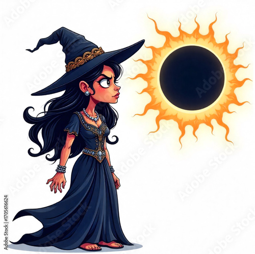 An evil witch wearing a long black dress and a black sun next to her.
Halloween costume