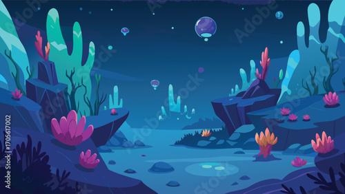 Mystical underwater world ocean floor landscape with bioluminescent flora and fauna vector illustration