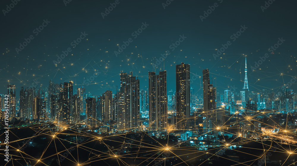 Fototapeta premium Twilight a city of modern business and smart digital innovation with a network of interconnected rewards over the cityscape of the future smart wireless digital city and social media network