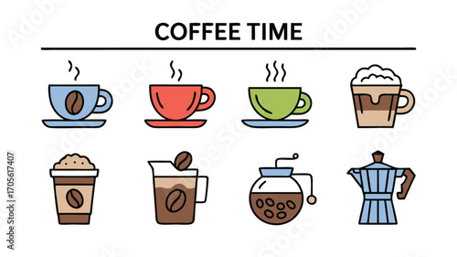 Illustrative Coffee Time Icons Set for Cafes and Beverage Businesses Offering Hot and Cold Coffee Drinks