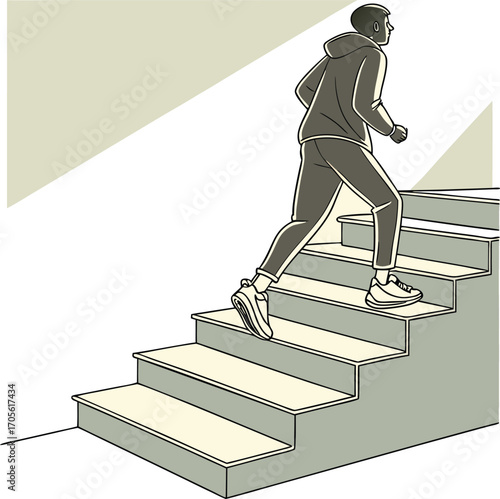 Man in Hoodie Running Up Stairs Ascending Steps Energetically Training