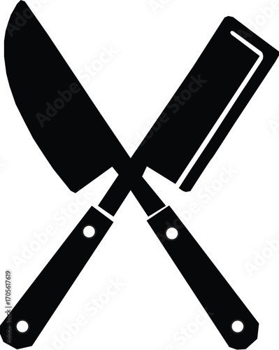 Crossed Kitchen Knives Butcher Knife and Chef's Knife. On White background. 