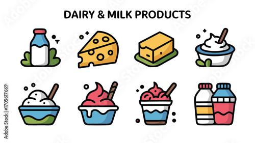 A Collection of Whimsical Flat Icons Representing Dairy and Milk Products in a Fun and Playful Style