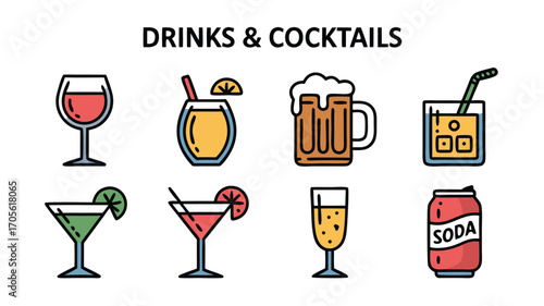 Collection of Illustrated Drinks and Cocktails with Wine Beer Juice Martini and Soda Can Icons