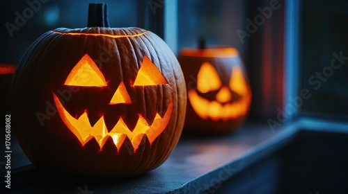 Decorating glowing halloween pumpkin lanterns on a cozy window sill autumn night ambiance
