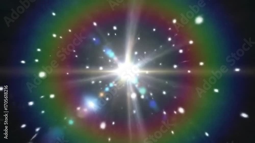 “Intense white sparkle with radiating rainbow rays, multi-colored halo, scattered light streaks, realistic lens flare overlay for video or photo editing”