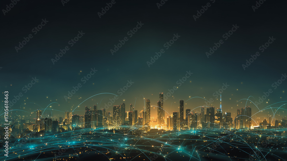 Fototapeta premium Twilight a city of modern business and smart digital innovation with a network of interconnected rewards over the cityscape of the future smart wireless digital city and social media network