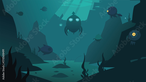 Mystical underwater realm with glowing creatures and ethereal fog vector illustration
