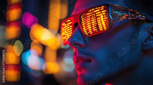 Young fintech specialist utilizing ar glasses to analyze standards in a dynamic urban environment