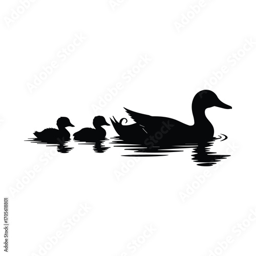 Duck Family Swimming Silhouette Graphic Illustration Peaceful and Serene Wildlife Scene Calm Water