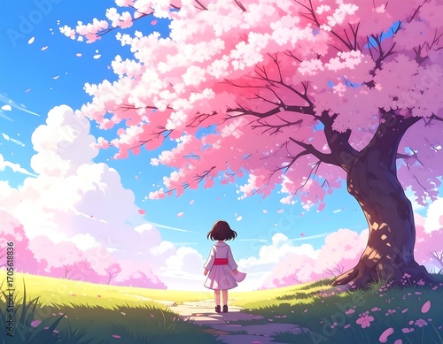 Girl under cherry blossoms