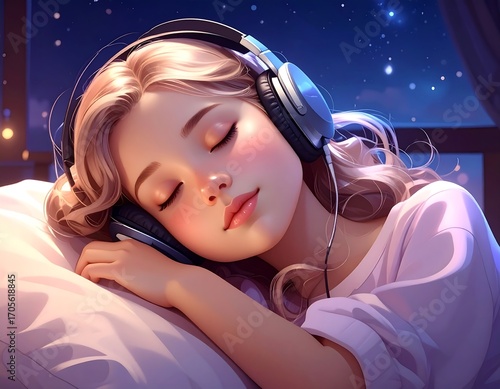 Girl sleeping, listening to music