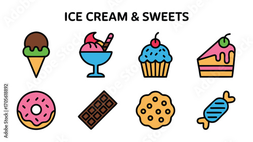 A Delicious Assortment of Ice Cream Cones Sundaes Cupcakes Cookies Candies Chocolates And Sweet Desserts