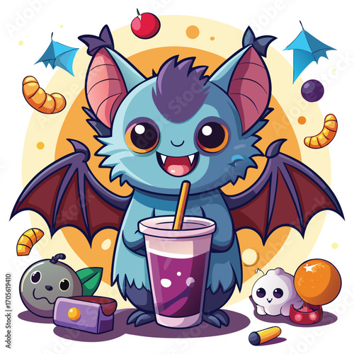 Cute Halloween Bat Cartoon Character with Boba Tea and Treats
