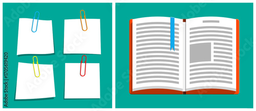 Open book with blue bookmark and blank paper notes with colorful paperclips. Education and office supply concept.