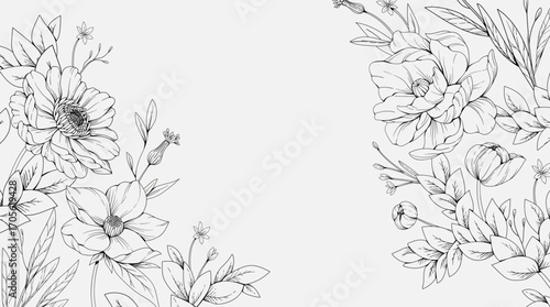 Floral bakground or wallpaper with tender flowers and leaves. Botanical foliage for wedding invitation or wall art. Vector illustration