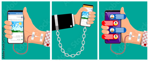 Man and woman hands addicted to social media on smartphone. Concept of digital dependency and endless scrolling. Flat style illustration.