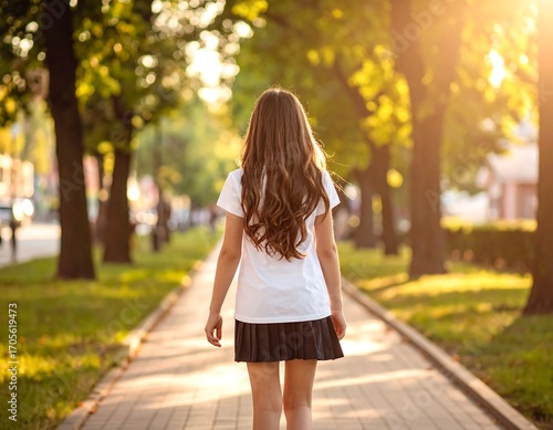 Girl walking down a park path in golden sunlight