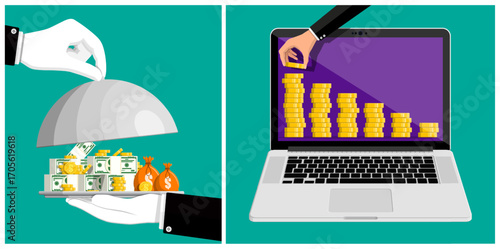 Butler hand serving an investment income, and a man hand adding coin to a declining graph on laptop screen. Digital finance concept.