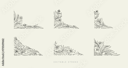 Set of detailed corner with botanical decorations elements. Luxury elegant design elements for wedding frame invitation or save the date card. Editable stroke