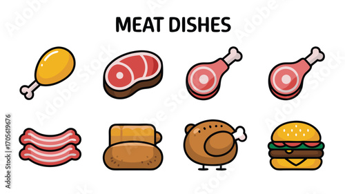 A Collection of Pixel Art Icons Representing Various Meat Dishes and Food Items Perfect for Digital Graphics and Game Development