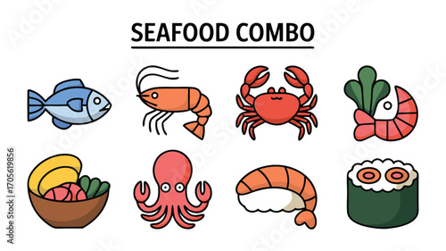 Collection of Illustrated Seafood Icons Representing a Delicious Meal Arrangement