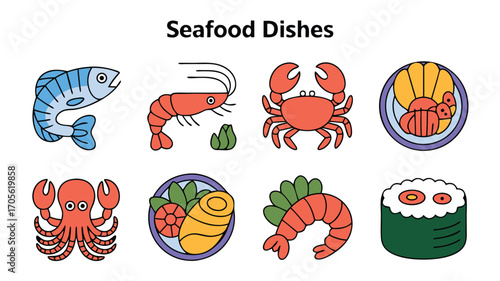 A Colorful Collection of Seafood Icons Featuring Delicious Ocean Delicacies