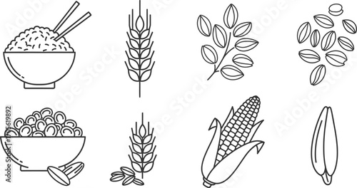Various grains and seeds in black and, including rice, wheat, corn, sunflower seeds, and other cereal crops