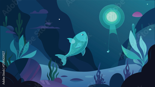 Mystical underwater world illustration with translucent fish and glowing deep sea flora vector art