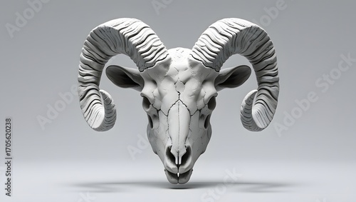 Ram skull with horns, clay-like sculptural style, isolated on pure white background