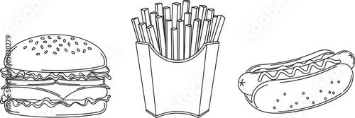 Classic fast food items in black and, including a burger, french fries, and a hot dog, perfect for any design