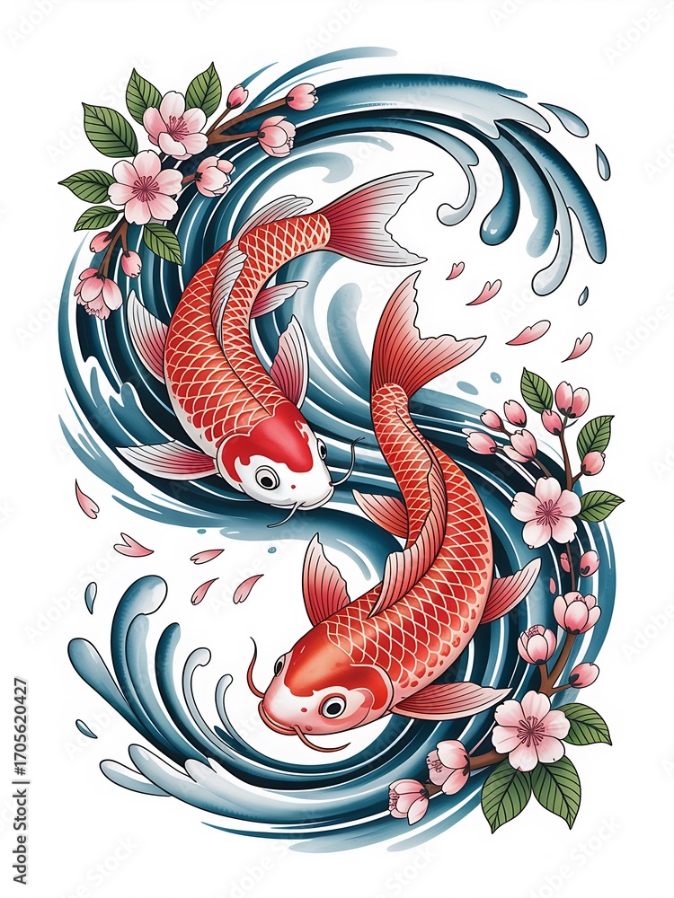 Fototapeta premium Watercolor koi fish with cherry blossoms in swirling water