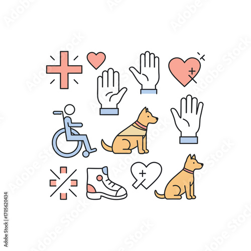 assistance icons inclusion aids support for diverse needs highlighting accessibility inclusivity aid and community support services.