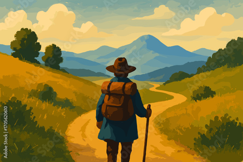 Journey Adventure – Explorer Walking Towards Mountain Landscape at Sunset
